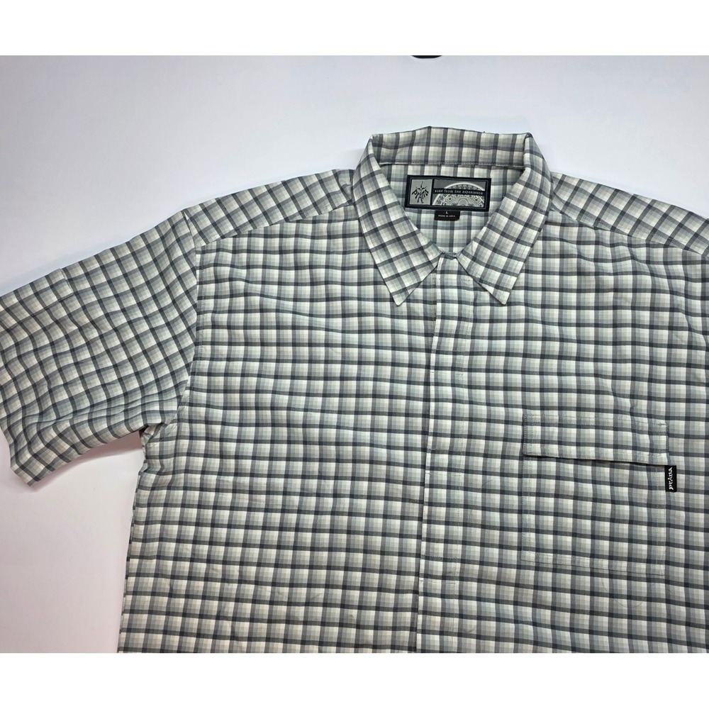 Prana Mens Gray White Plaid Short Sleeve Button Down Shirt Large RN 92382